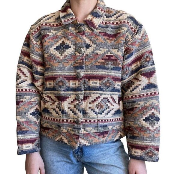Vintage Womens 90s Tan Trums Geometric Southwestern Boho Aztec Cropped Jacket - Picture 6 of 9